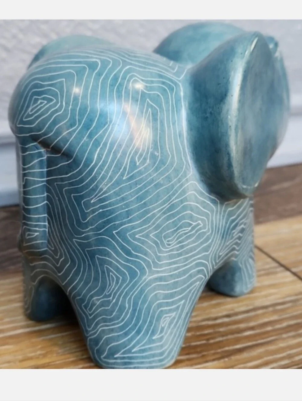 Afrikiko Soapstone Elephant Teal Blue Green White Abstract Circles